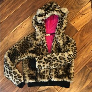 Girl Leopard faux fur zip up jacket